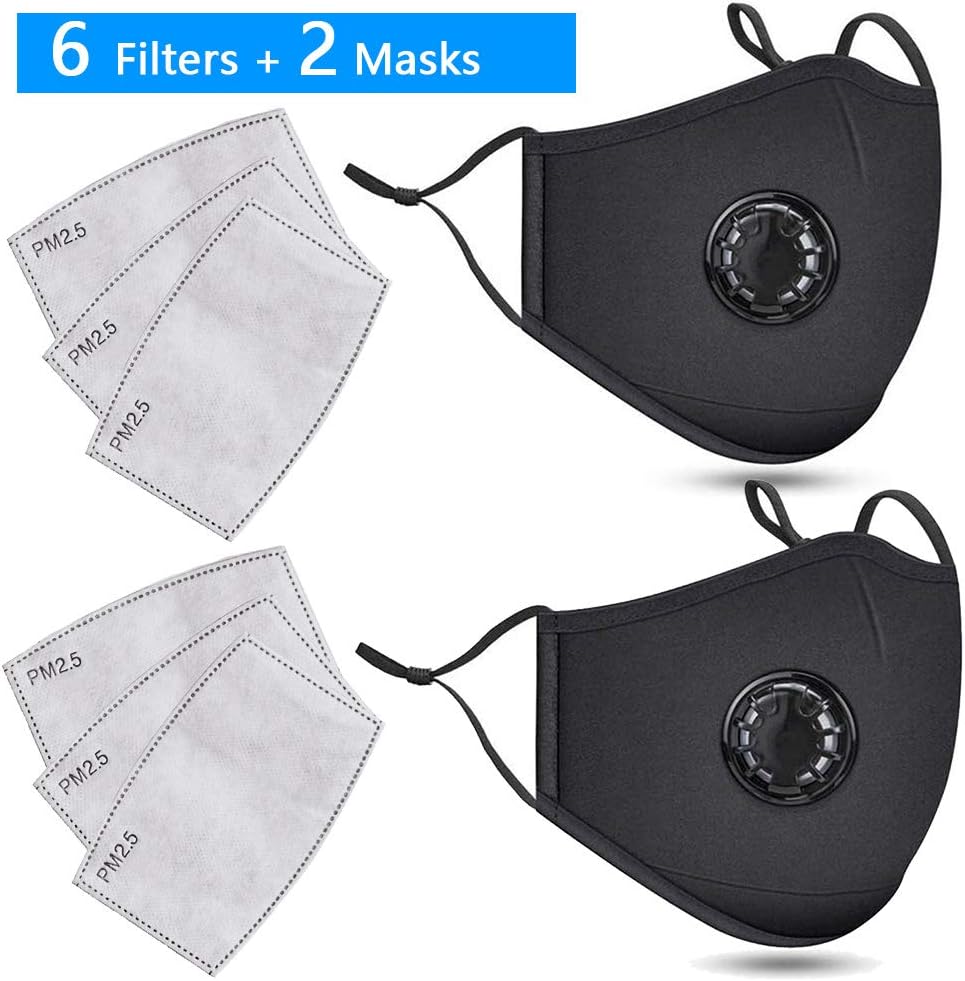 6Pcs Filter Papers and 2 Pack Black Face Mask Reusable, Cotton, Anti-Dust, Protection from Dust, Pollen, Pet Dander, Other Airborne Irritants