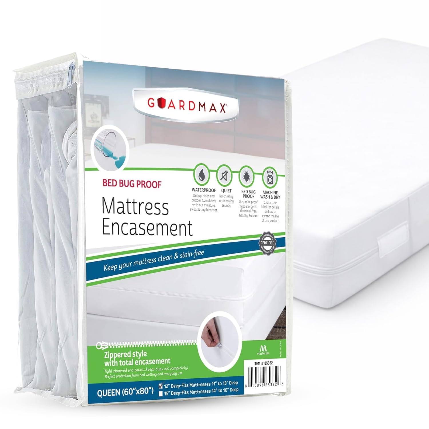 Guardmax Bed Bug Mattress Protector Cover Zippered | 100% Waterproof Encasement | Soft, Hypoallergenic and Breathable | Queen Size (60x80x11)