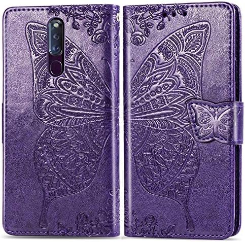 GeorgeB Case Cover, for Oppo F11 Pro Pressed Leather Wallet Case, Butterfly Embossment Folio Stand Case with Dual-Way Magnetic Buckle/Card Slots/Lanyard for Oppo F11 Pro (Color : Purple)