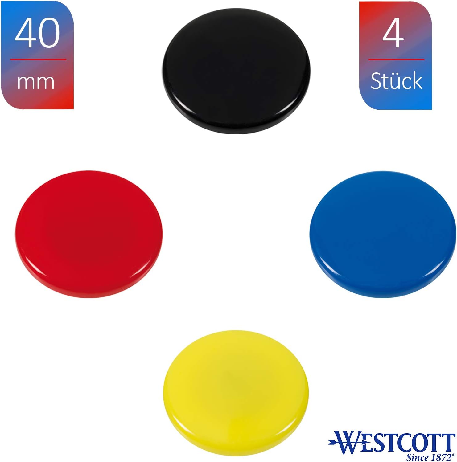 Westcott E-10826 00 Adhesive Magnets Pack of 4 40 mm Round 1 Each Black/Red/Blue/Yellow, Black, Red, Blue, Yellow, Small