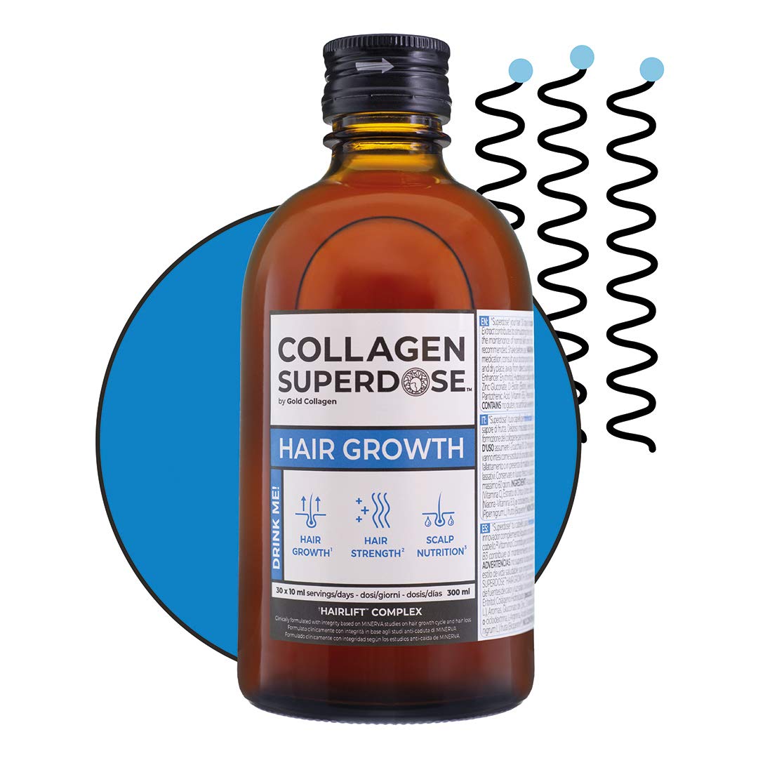 COLLAGEN SUPERDOSE BY GOLD COLLAGEN Hair Growth - Biotin Hair Growth Marine Collagen Supplements for Women & Men with Vitamin C, Hyaluronic Acid and Natural Keratin Hair Treatment, Skin, Nails, 300 ml