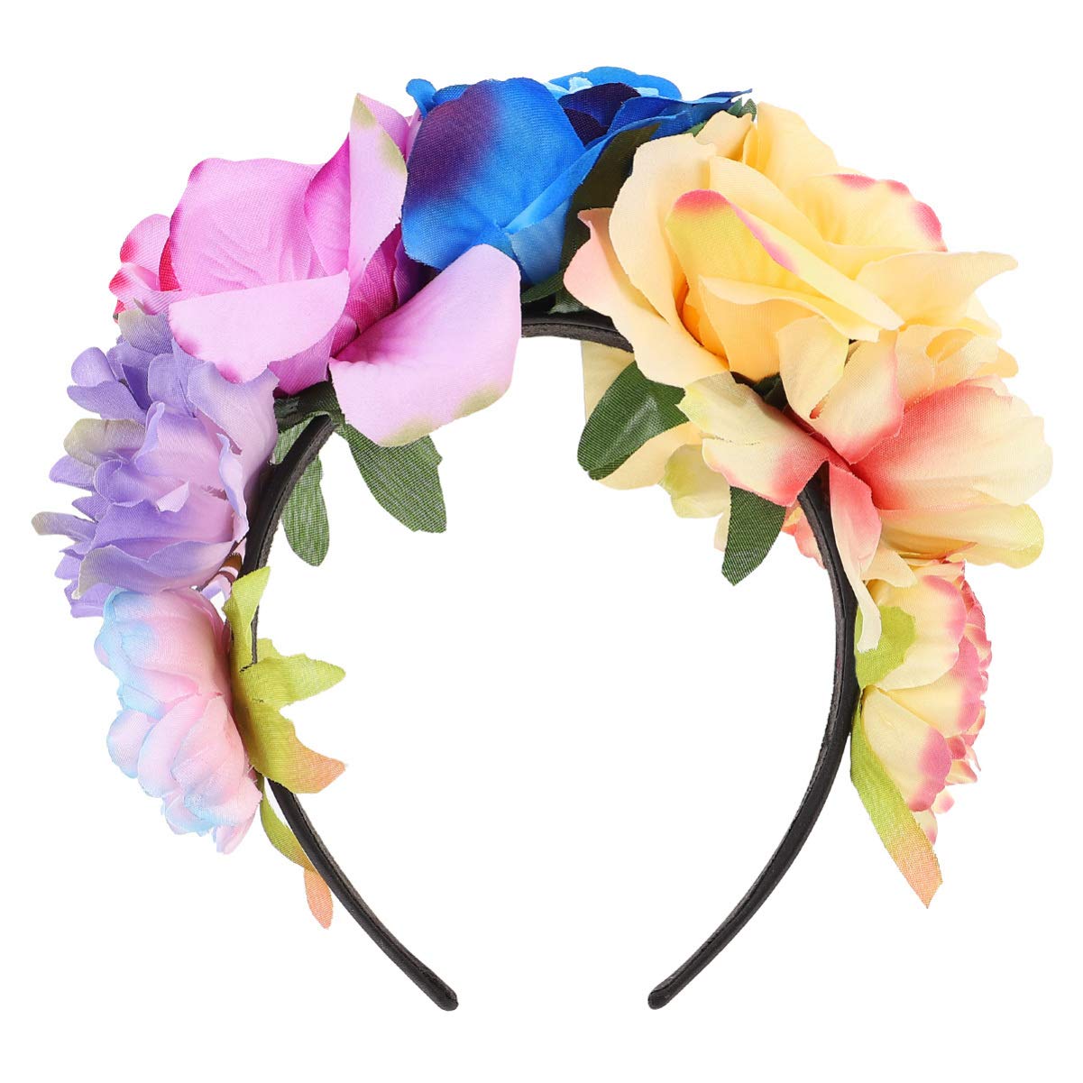 FRCOLOR Day of The Dead Headband Mexican Rose Flower Crown Halloween Floral Headpiece for Women Ladies Girls (Yellow Blue Purple)