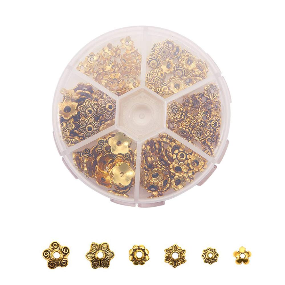 180pcs Gold Flower Bead Caps, 6 Styles Torus Flower Cap Combinations, Mixed Size Spacer Beads, Vintage Beaded Flower Sheet Gaskets, DIY Handmade Jewelry Accessories, for Make Bracelet Necklace Jewelry
