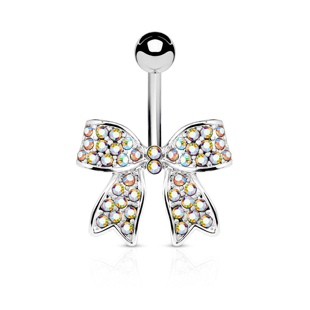 PiercedOff 316L Surgical Steel Belly Bar with Aurora Borealis CZ Ribbon