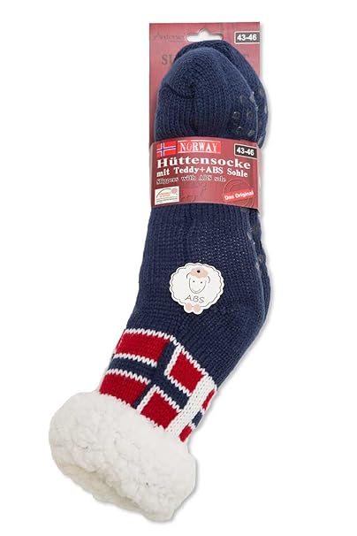 Hüttensocken, ABS-Sohle Teddy Gr. 39 bis 42 (One Size) Hüttenschuhe, Herren, Männer, Norweger Flagge