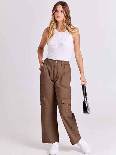 ANRABESS WOMEN’S CARGO PANTS HIGH WAISTED BAGGY MULTIPLE POCKETS CASUAL TRENDY FASHION RELAXED FIT Y2K TROUSERS BROWN MEDIUM