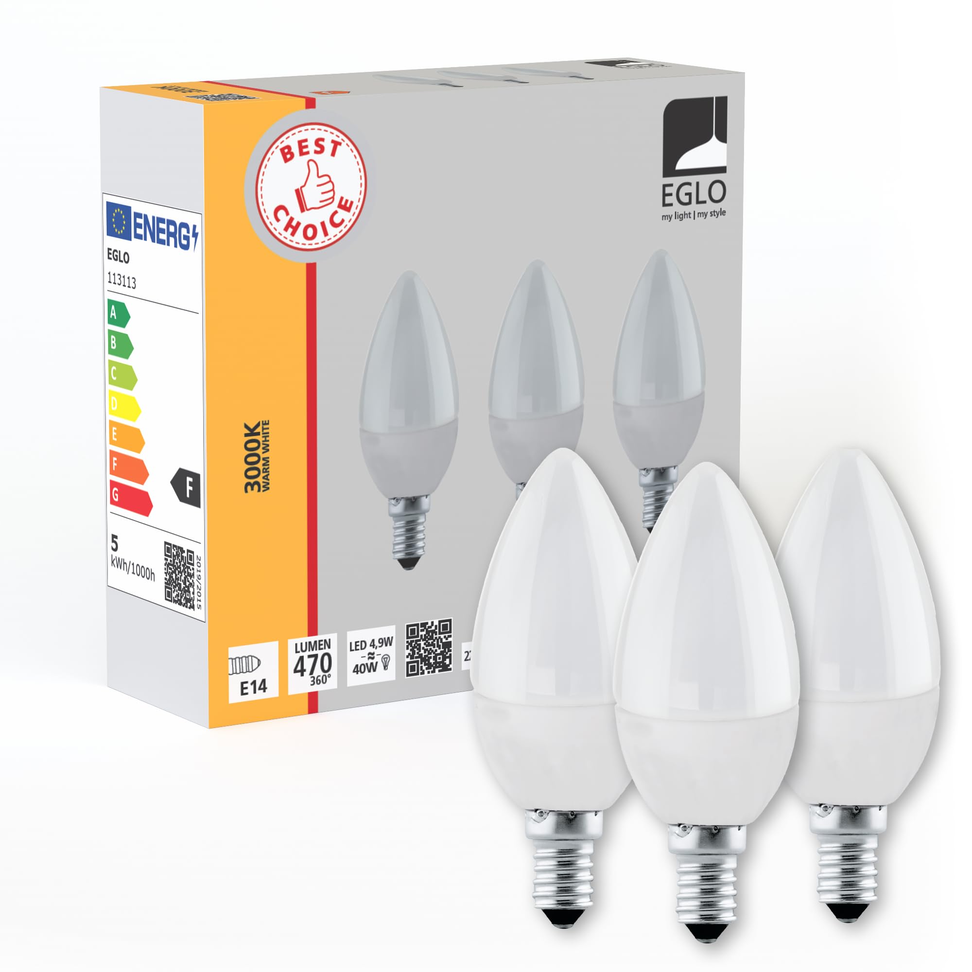Eglo Set of 3 E14 LED Light Bulbs, Milky Lightbulbs, Candle Shape, 4.9 W Each, Warm White Bulb, 3000 K, C37 Bulb, Ø 3.7 cm — image 1