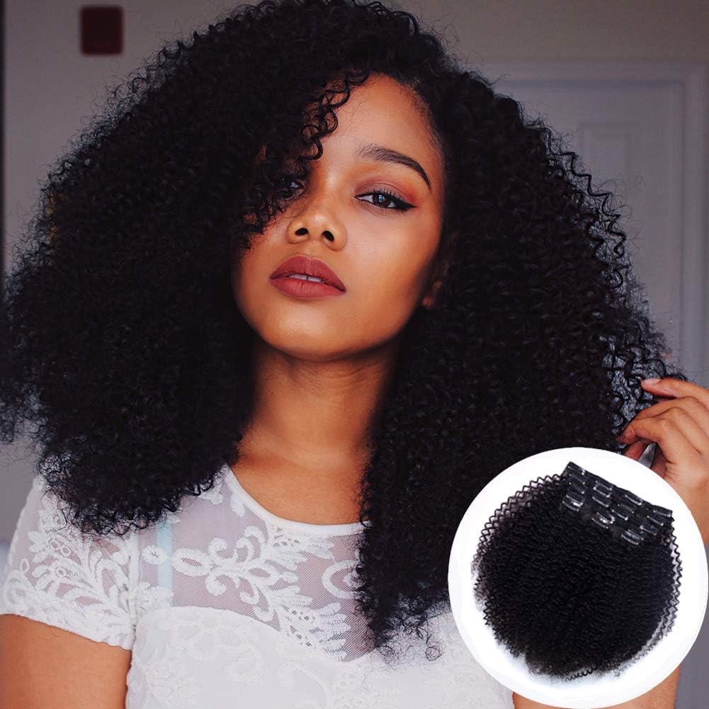 Vanalia 3C 4A Clip Ins, Afro Kinky Curly Clip In Hair Extensions, 3C 4A Clip ins for African American Black Women,9A Brazilian Remy Hair Double Wefted Natural Black,120 Gram 18Inch