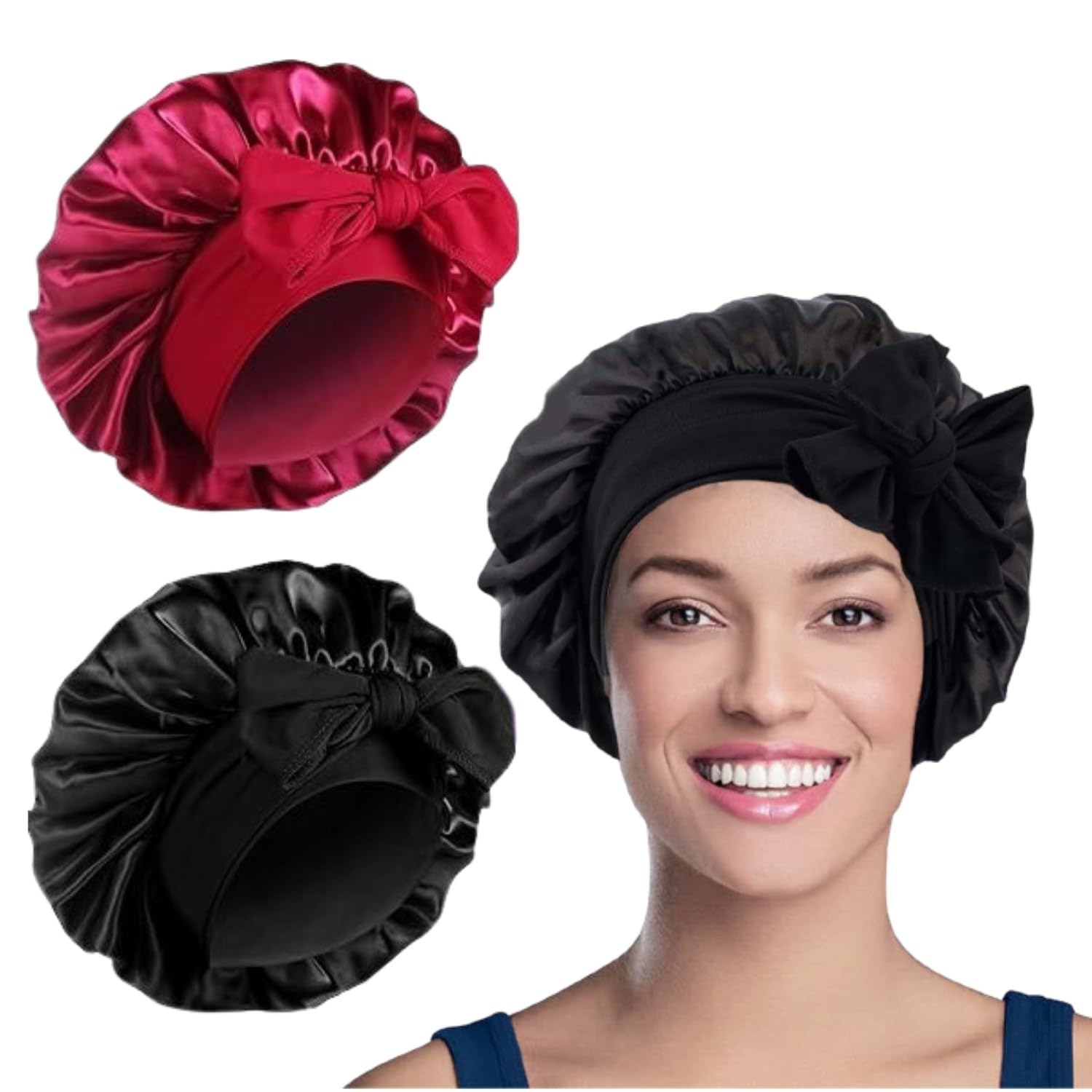 WUBAYI 2PCS Satin Bonnet, Silk Bonnet Hair Wrap for Sleeping, Hair Bonnet for Bath, Tie Band for Women Long Curly Braid Hair (Black, Red)