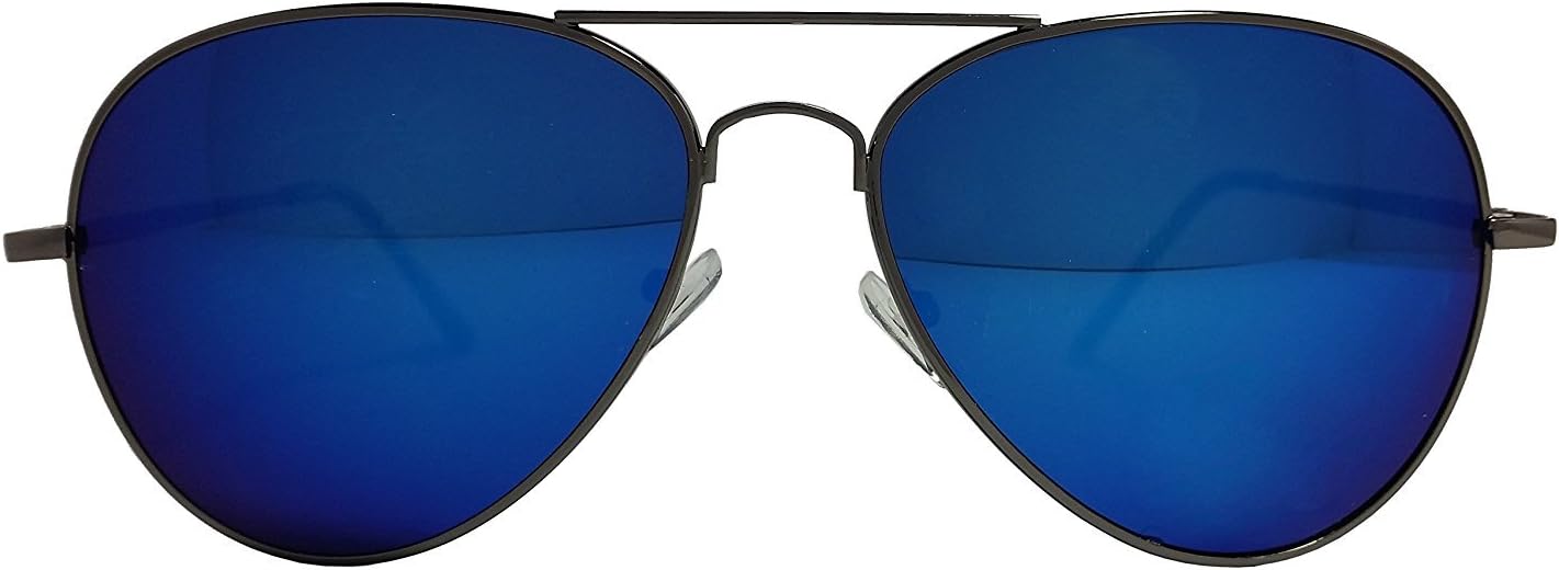 Blue Mirror Lens Aviator Sunglasses With Black Frame And Dark Tint Lens Unisex