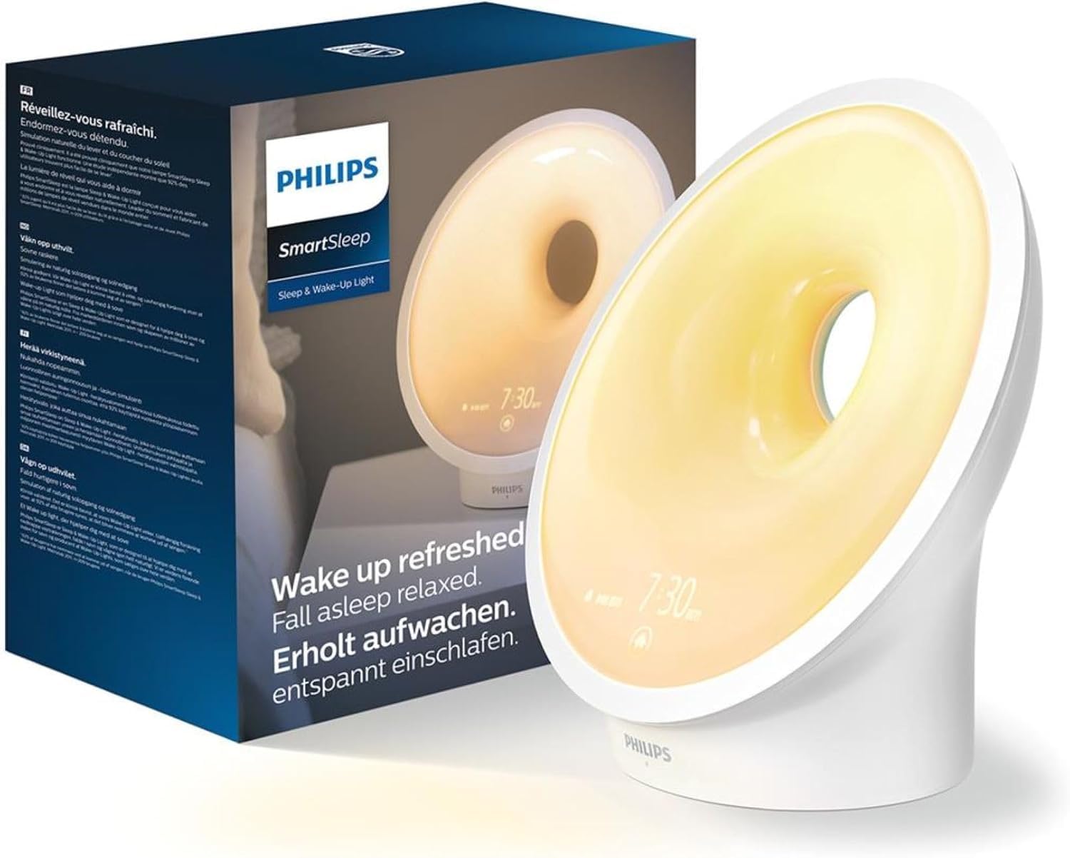 Philips Sleep & Wake-up Light, farbige Sonnenaufgangssimulation, 25 Lichtstärken, mehrere Töne und Musik, Mitternachtslicht, Entspannungs- und Atemfunktion (Modell HF3651/01)