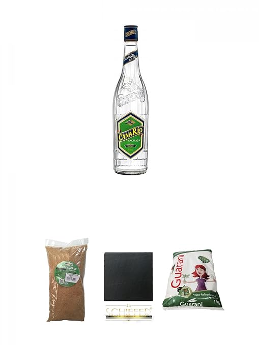 CanaRio Cachaca Superior 1,0 Liter + Sarkara brauner Rohrzucker für Cocktails 1,5 Kg + Schiefer Glasuntersetzer eckig ca. 9,5
