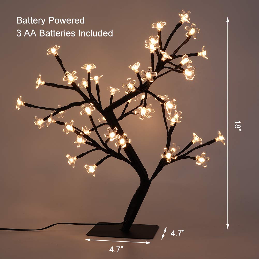 LED Cherry Blossom Light Tree - 19.6 inch Tabletop 48 LEDs Bonsai Tree Light, Black Branches Clear Flower, Perfect for Home Festival christmas Party Wedding Indoor Outdoor Decoration, Warm White