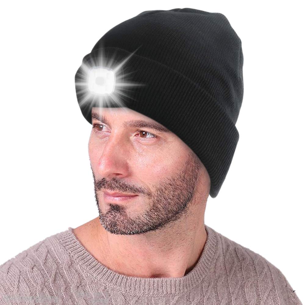 LED Beanie Hat with Light Built in USB Rechargeable Rechargeable Head Torch USB Winter Lighted Headlight Gift for Men and Women Hat with Torch Built in Stocking Fillers Gifts for Dad Black