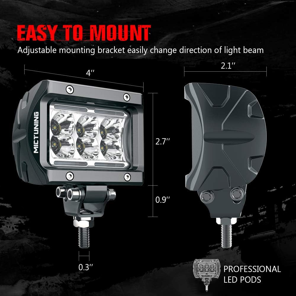 MICTUNING 2Pcs LED Light Pods Unlimited-GO K1 4 Inch 18W Off Road Flood LED Light Bar 1620lm White Light for Trucks, Jeep, Motorcycles, SUVs, ATVs, Cars, Boats, Trailer: Automotive