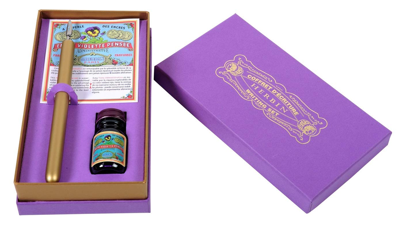 Jacques Herbin 27277T - Writing set containing a gilded gold pen-holder, a l'Ecolière nib -(65B)- and a bottle of 10 ml Violette pensée ink. - Gift Set