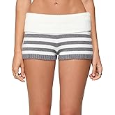 Women Y2k Knit Mini Shorts Striped Foldover Low Waist Elastic Slim Fit Vintage Going Out Micro Bottom Streetwear