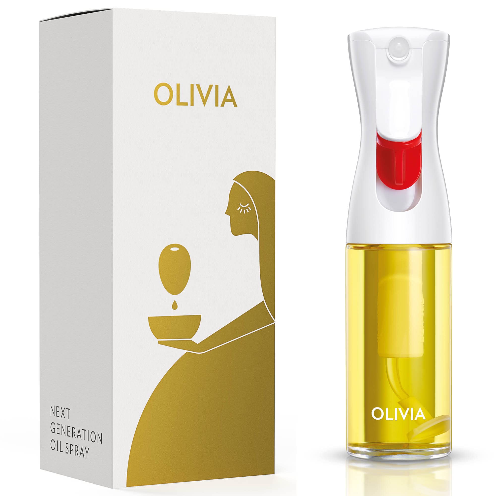 FLAIROSOL OLIVIA. The Original Advanced Oil Sprayer for Cooking, Kitchen, Salads, BBQs, Continuous Spray with Portion Control, 130ml Glass Olive Oil Sprayer(White Print)