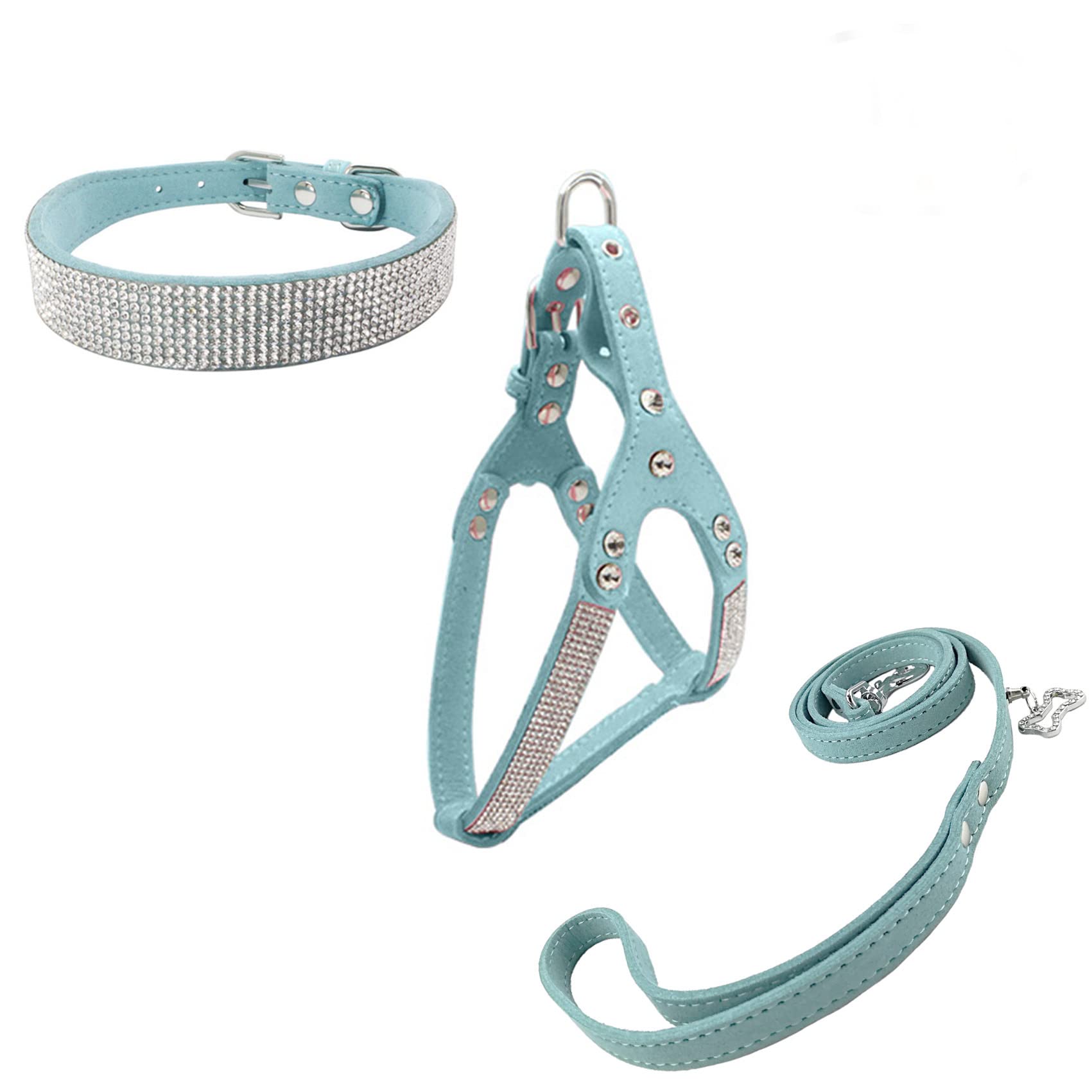 Newtensina Bowtie Dog Collar & Harness & Lead Sets Comfortable Soft Puppy Collar Diamante with Harness and Leashes Set for Dog - Blue - XS
