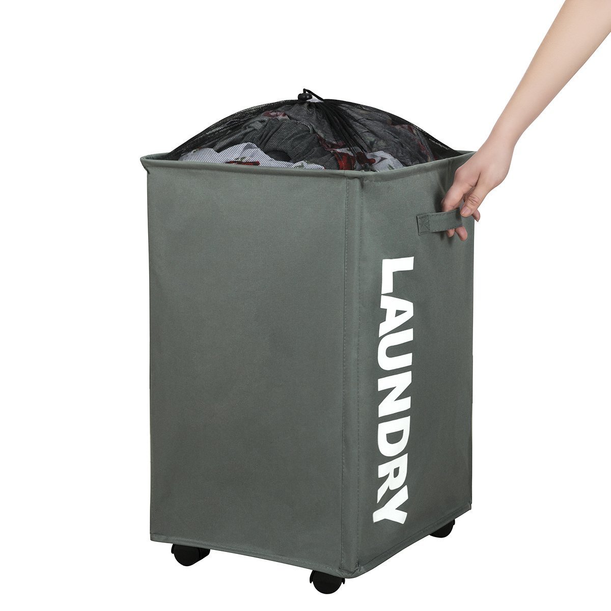 WISHPOOL Large Rolling Stand Folding Slide Laundry Basket Square Collapsible Waterproof Dirty Mesh Laundry Hamper Bin Organizer Storage on Wheels (Grey)
