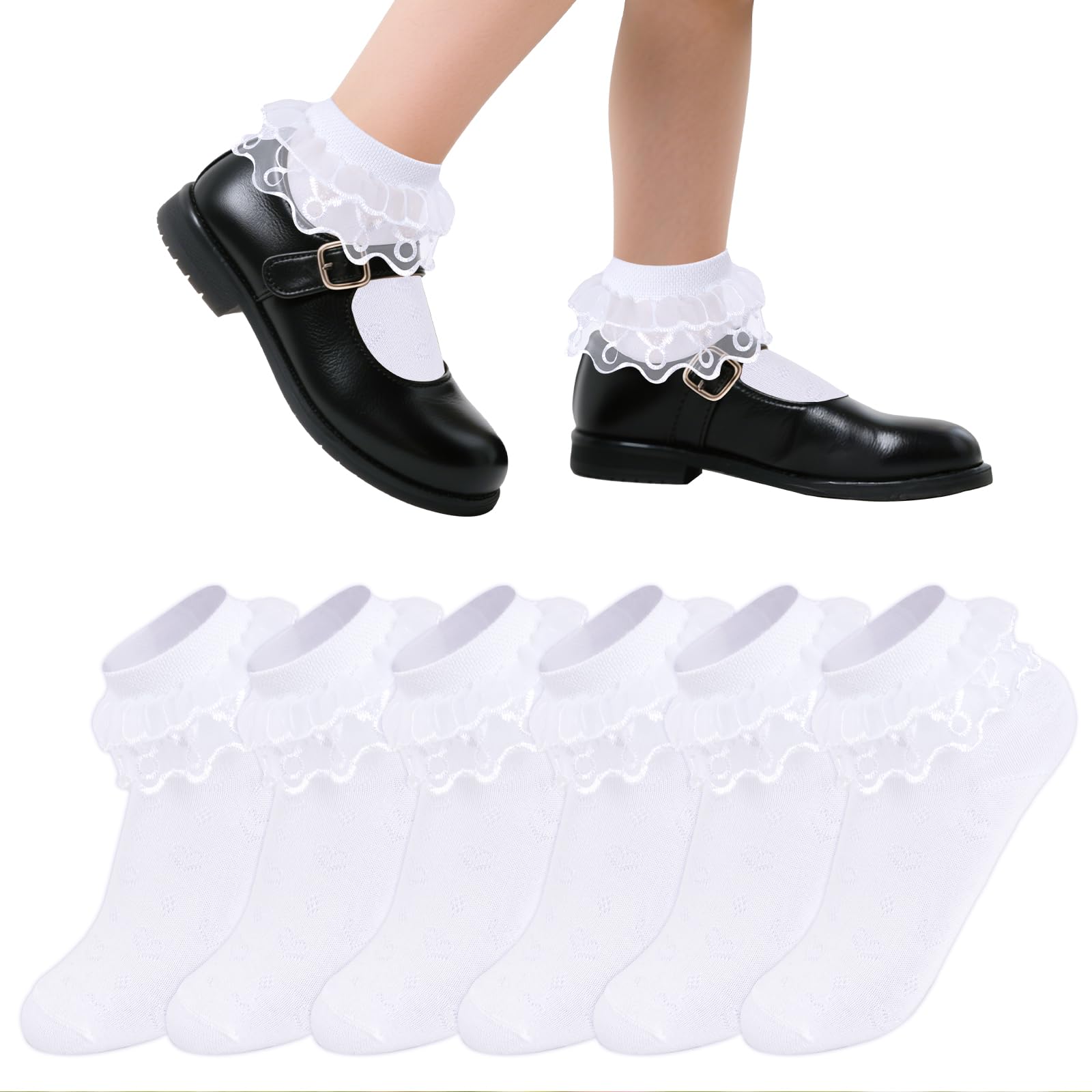 Photo 1 of Topbuti 3 Pairs Baby Girl Eyelet Ruffle Lace Socks Frilly Princess Dress Crew Cotton Socks for Newborn Infant Toddler Girls (White)
