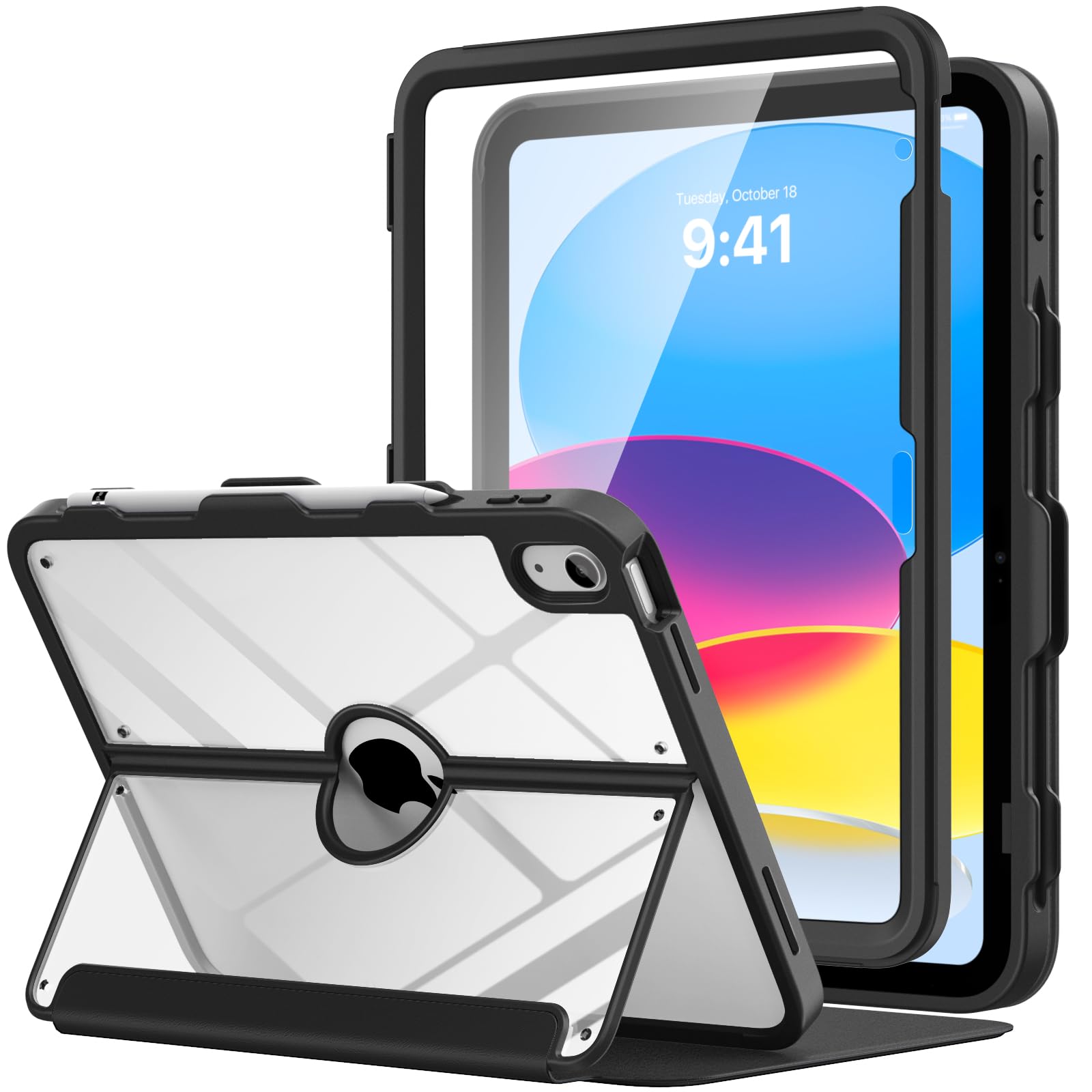 MoKo for iPad 11-inch (A16) 11th Generation Case 2025/ iPad 10th Generation Case with Pencil Holder 2022 10.9 inch, Built-in Screen Protector Clear Back, Multi Angle Viewing Stand, Black — image 1