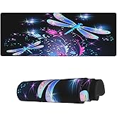Famame Laptop Mouse Pad Abstract Sparkle Dragonfly Roses Desk Mat with Stitched Edges 31.5X 11.8 inch Non-Slip Large Keyboard Rubber Writing Table Mat for Office Home
