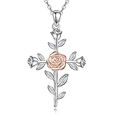 AXOMY Rose Cross Necklace 925 Sterling Silver Flower Cross Pendant Simple Religious Jewelry Birthday Gift for Women Friends