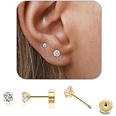 Stud Earrings Set, Flat Back Earrings for Women 14K Gold Hypoallergenic Cartilage Earring 3/4/5mm CZ Cubic Zirconia Earrings Stud for Tragus Cartilage Earlobe Piercing Jewelry Women Gift