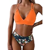 Tainehs Women's Push Up V Neck Bikini Sets Criss Cross Back Two Piece Bathing Suit