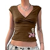 KIGRAD Women Y2k Cottagecore Floral Embroidery V Neck Wrap Crop Baby Tee Tops Grunge Slim Fitted Cap Sleeve Cute Tshirts