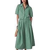 Agoeast Womens Summer 2 Piece Outfits Skirt Sets Button Short Sleeve Tops Elastic Waist Maxi Dress Sets with Pockets