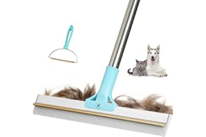 Thalomely Carpet Rake for Pet Hair Removal Tool, 2 in 1 TPU and Copper Rake Teeth Uproot Clean Hair Remover with 54’’ Adjustable Long Handle, Reusable Cat & Dog Fur Broom for Carpets,Rugs, Mats