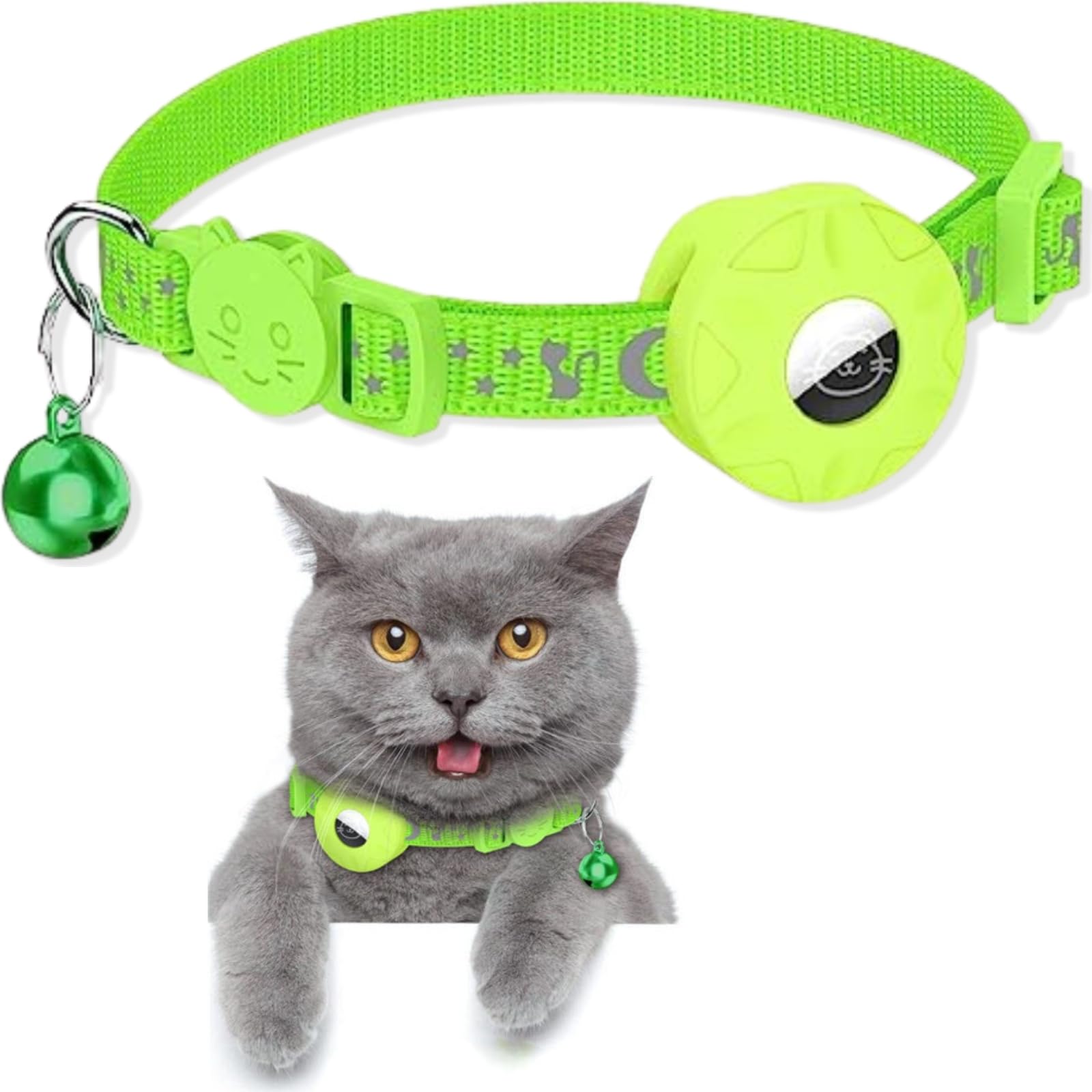 Reflective AirTag Cat Collar with AirTag Holder and Bell, Lightweight Cat Tracker with Breakaway Safety Buckle (Green) — image 1