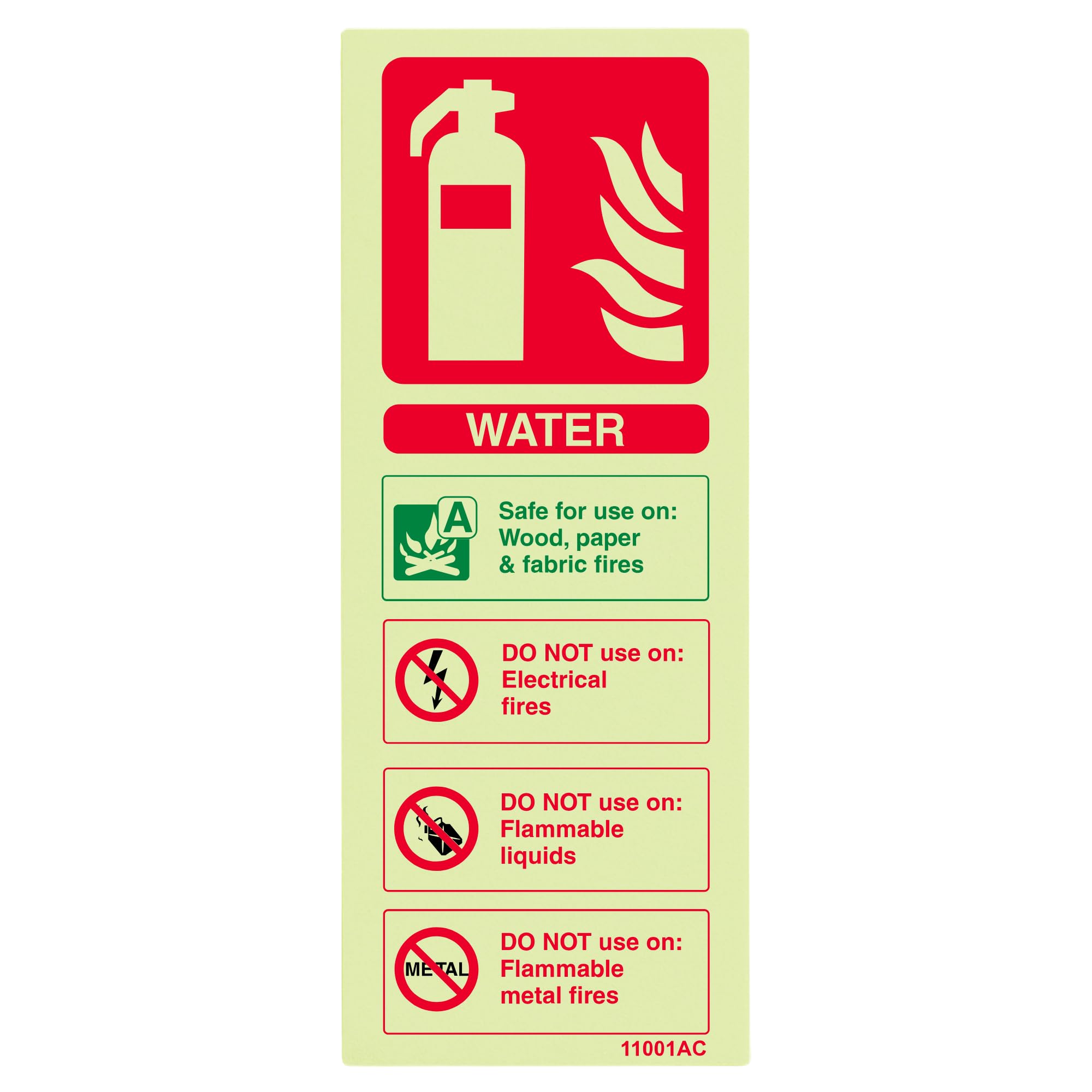 V Safety Glow In The Dark Water Id Fire Extinguisher Sign - 75mm x 200mm - Self Adhesive Vinyl