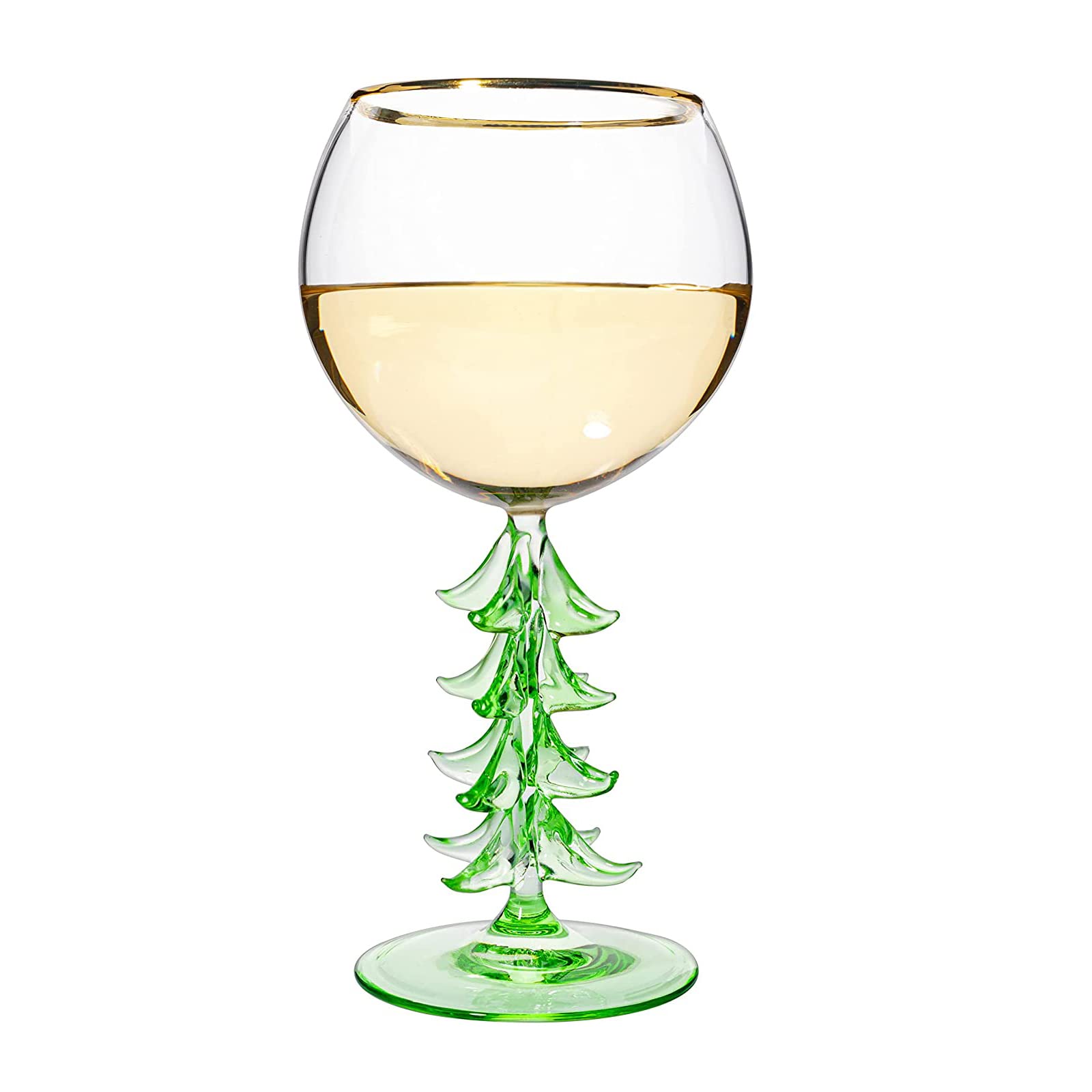 Photo 1 of **USED - MINOR DAMAGE**
Crystal Winter Tree Stemmed Wine Glass - Green - 12oz Goblet Bordeaux Gold Rim Colored Glassware, Cheerful Party Festive New Year's Cheer for Winter Season Gift