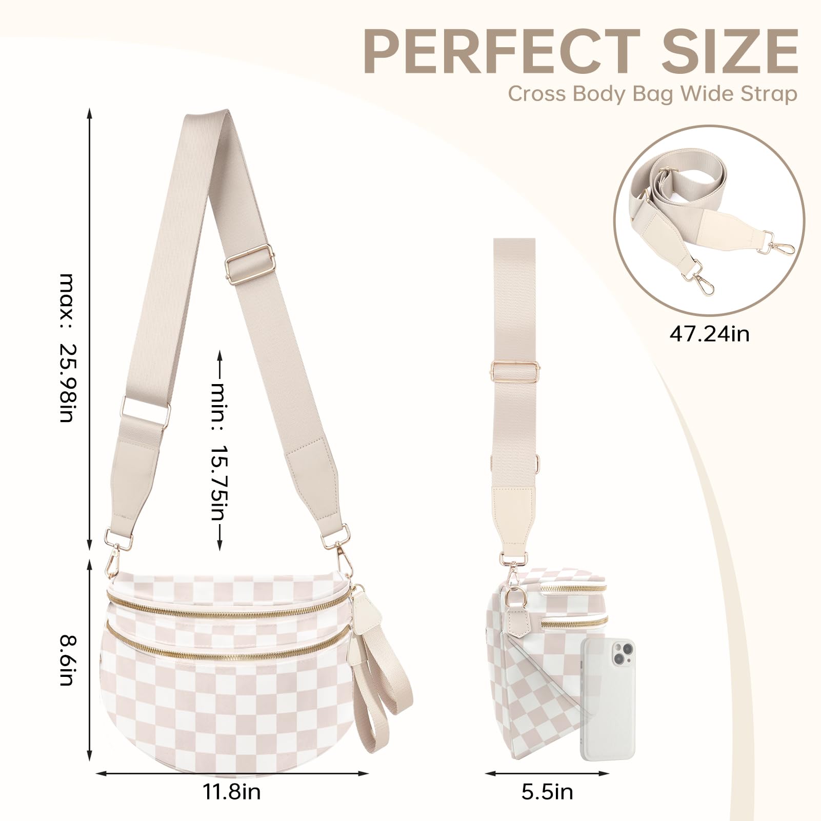 Burskit Cross Body Bag for Women Checkered Crossbody Bags Bum Bag for Women Fanny Packs for Girls Small Nylon Checkered Purse Trendy Shoulder Pouch for Womens (Checkered Beige, One Size)