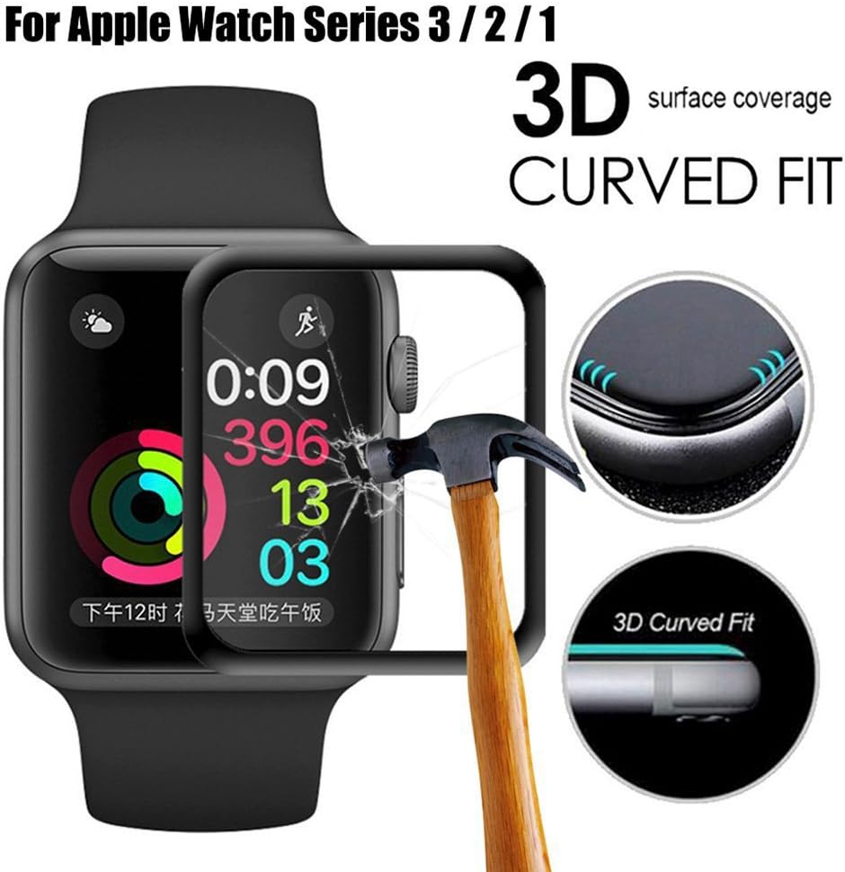 Apple Watch Screen Protector 42mm for Series 3 /2/1 Scratch Resistant Full Coverage Protective Tempered Glass HD Film Glass Bumper Case with 3D Curved Edge iwatch Anti-Bubble Clear Cover Accessories