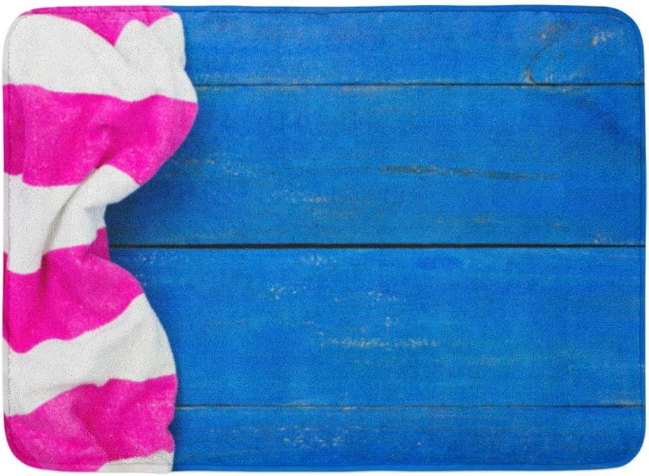 Badematten-Teppich Rustikales blaues hölzernes Strandschild mit rosa