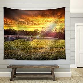 Beautiful Sunset Lighting a Field with Hay Rounds Producing Brilliant and Amazing Colors. - Fabric Wall Tapestry Home Decor - 51x60 inches