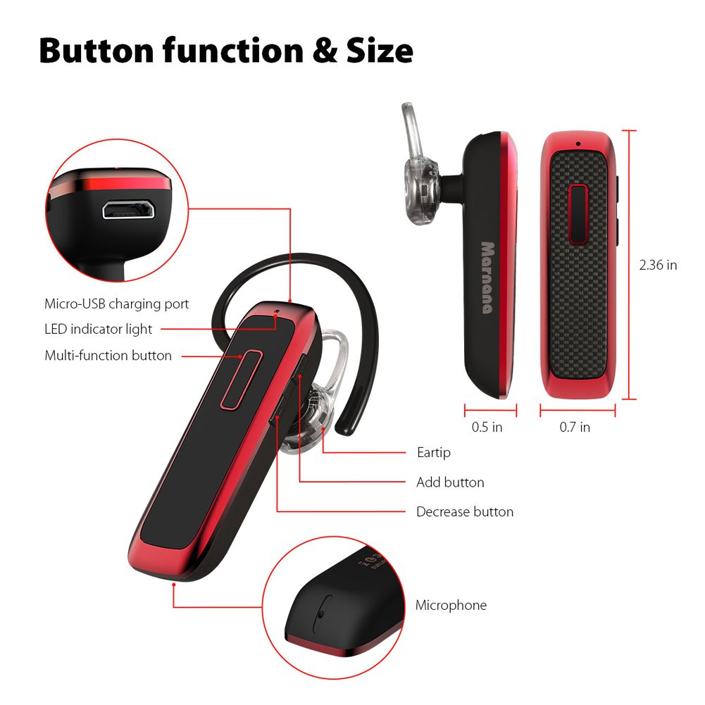 Bluetooth Headset, Marnana Wireless Earpiece with 18+ Hours Playtime,Lightweight Earbud w/Noise Cancelling Mic Hands-free Calls for iPhone Samsung Android Mobile Cell Phone Tablet Office Truck Driver