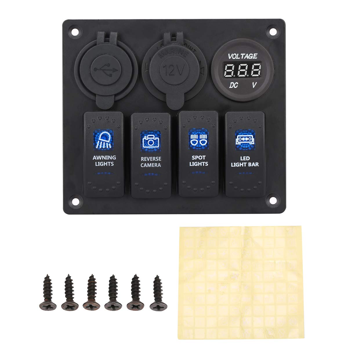 Jiaying Rocker Switch Aluminum Panel 4 Gang Toggle Switches with DC 5V 3.1A Dual USB Charger Digital Voltmeter Display DC 12V Power Socket for Car Trailer Marine Boat RV Vehicle Truck: Industrial & Scientific
