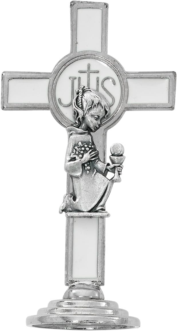 My First Communion Silver Toned and White Enameled Standing Cross with Praying Girl, 3 1/4 Inch