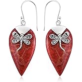 Red Coral Dangle Earrings for Women in 925 Sterling Silver - Dangling Drop Coral Earrings Handmade Birthstone Vintage Boho Jewelry Birthday Gifts for Women