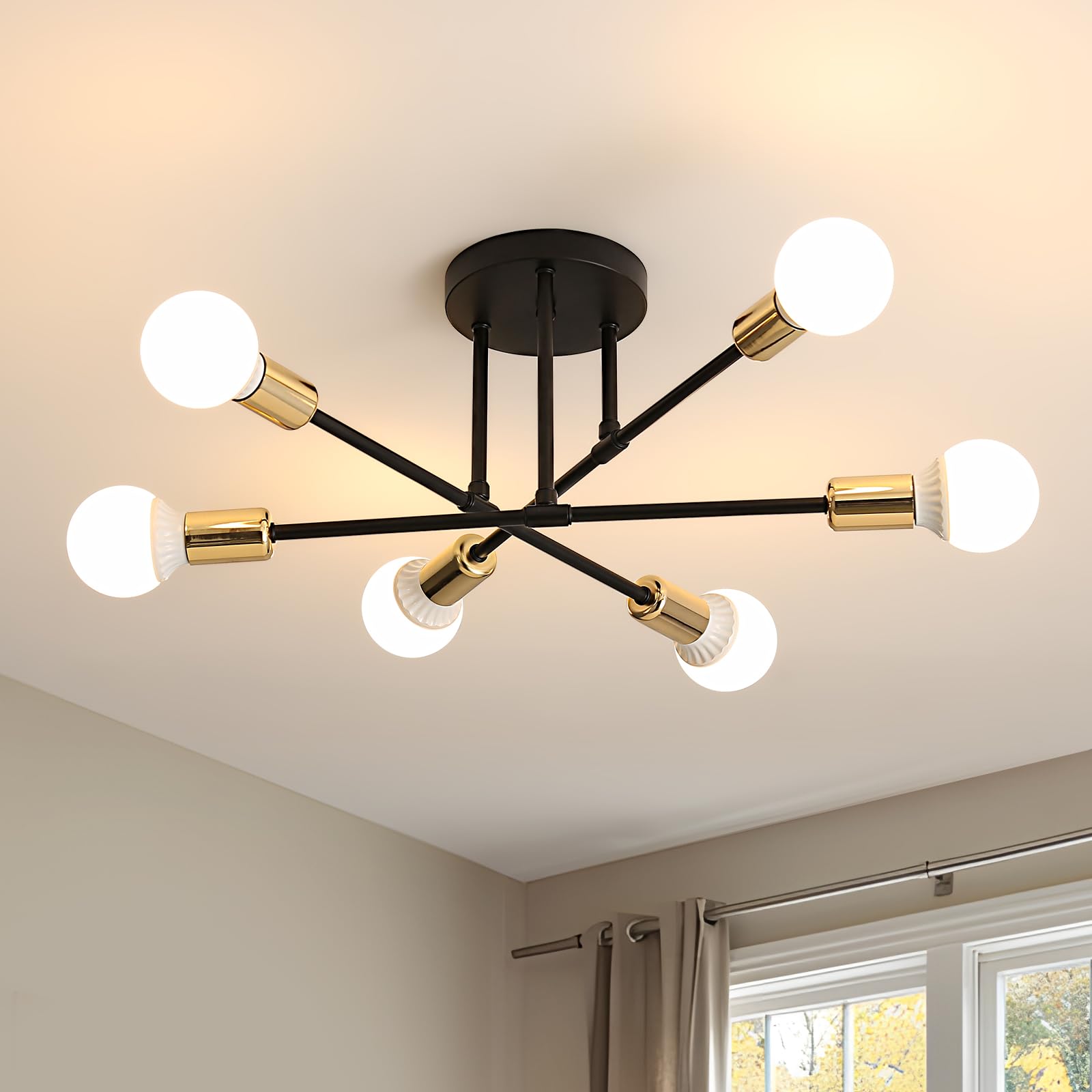 Comely Ceiling Light, 6 Lights E27 Modern Chandelier Ceiling Light, Semi-Flush Mount Ceiling Lamp Vintage Ceiling Lighting for Living Room, Bedroom, Kitchen