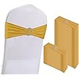 WJWHQ 100PCS Spandex Stretch Chair Sashes Bows Elastic Chair Cover Bands Ties with Buckle Slider for Wedding Party Reception Events Universal Ceremony Banquet Decorations (Gold)