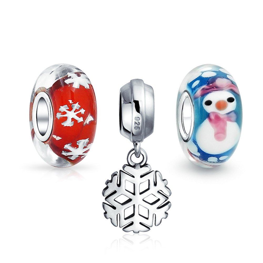 Bling Jewelry Christmas Snowman Snowflake Murano Glass Mix Set Of 3 Sterling Silver Spacer Dangle Bead Bundle Fit European Charm Bracelet