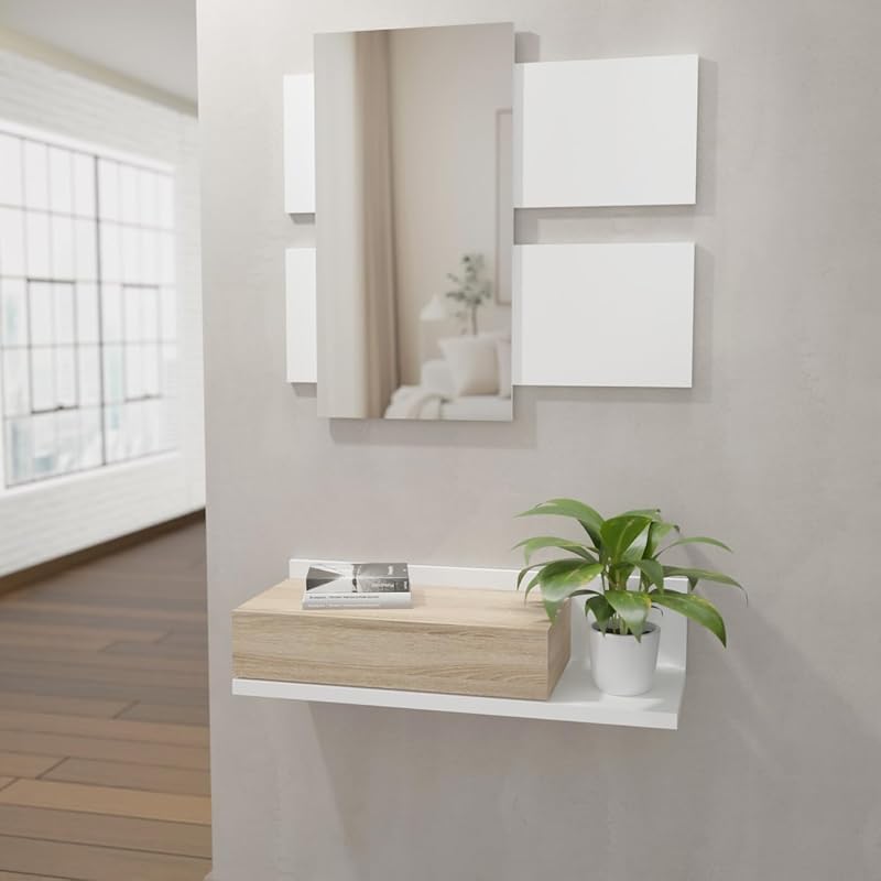 - Recibidor con cajón y Espejo, Mueble de Entrada, Modelo Cool, Acabado en Blanco-Roble, Medidas: 75 cm (Ancho) x 116 cm (Alto) x 29 cm (Fondo) — foto 2 de 7