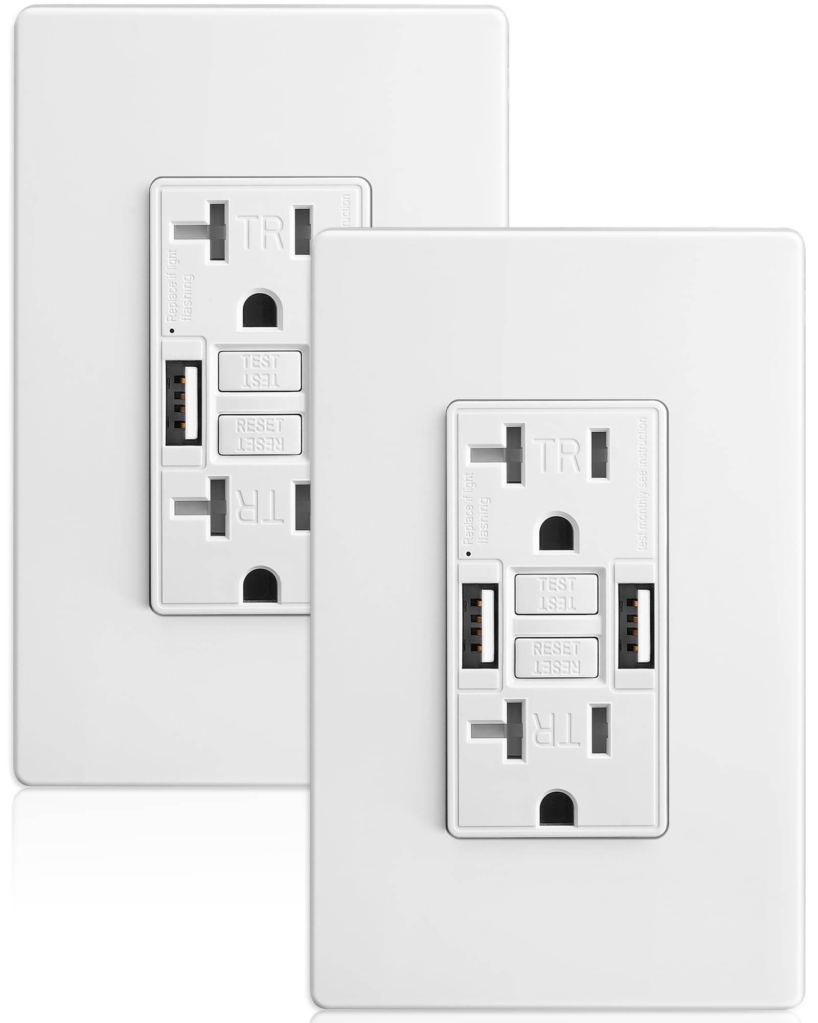 Photo 1 of SURAIELEC 20 Amp GFCI Outlet with Dual USB-A Ports – Self-Test GFCI Receptacle, Tamper-Resistant, Wall Plate Included, ETL Listed, Indoor Electrical Outlet for Kitchen, Bathroom, White, 2-Pack