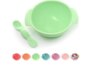 PrimaStella Unbreakable Silicone Non-Slip Bowl and Chew Spoon Set for Babies and Toddlers (Green)